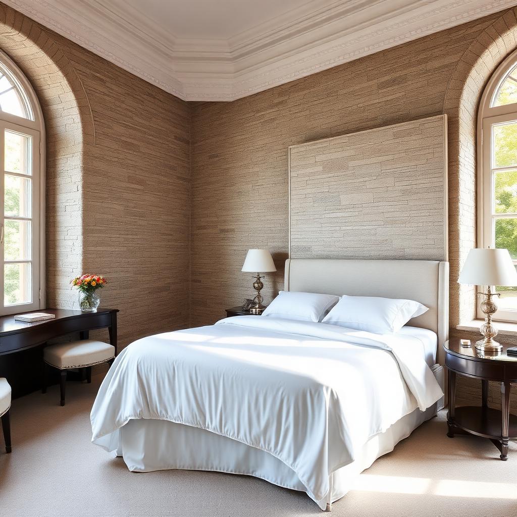 Elegant hotel bedroom dressed in crisp white linens