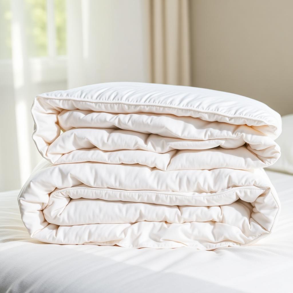 Stack of folded premium white duvets