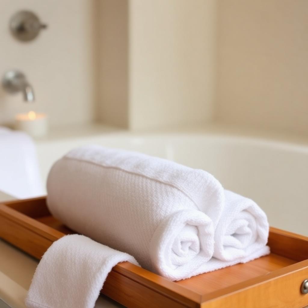 Rolled plush white spa towels on a wooden tray